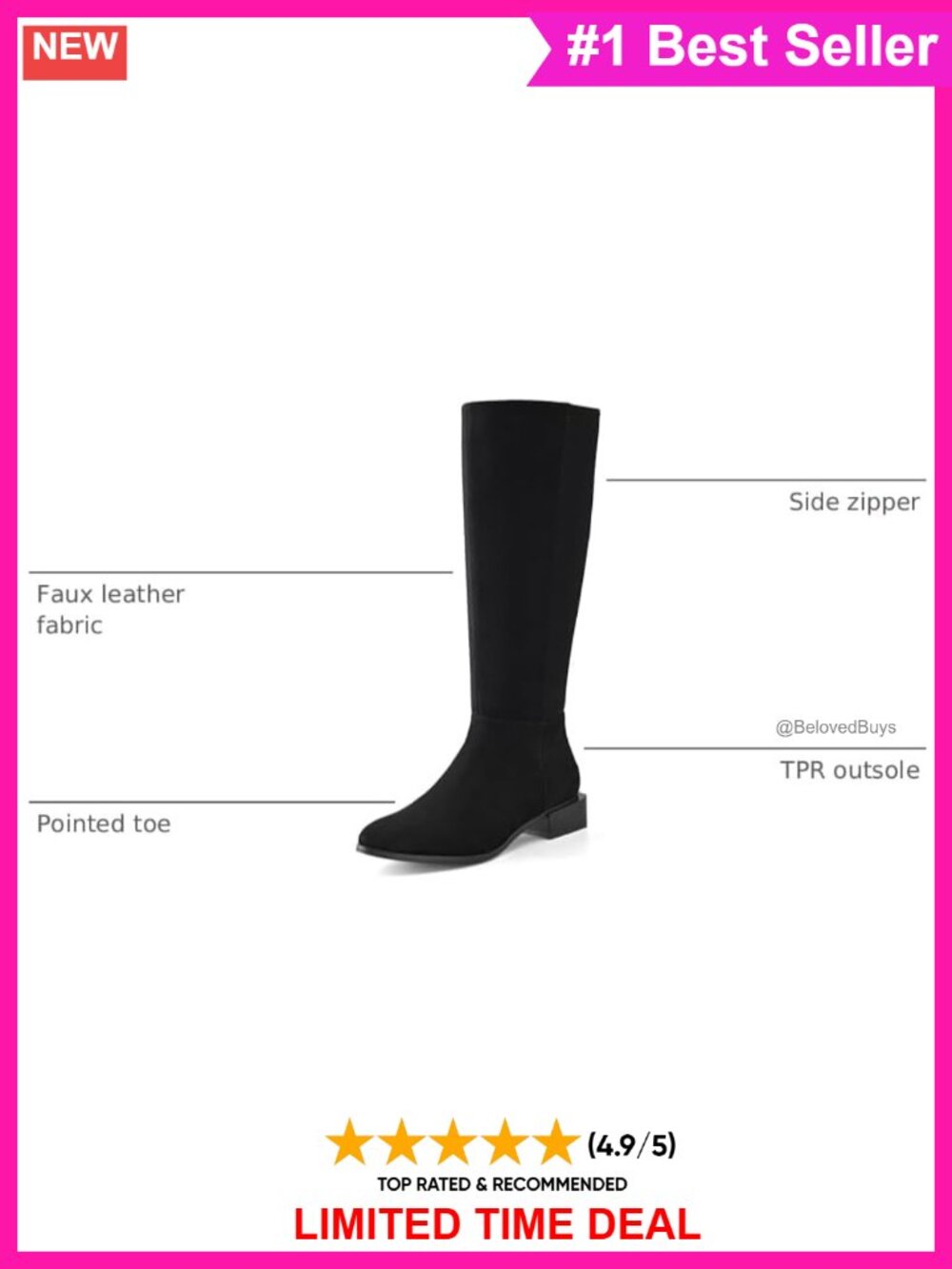 Suede Knee High Boots Chunky Low Heel Pointed Toe Side Zipper - Picture 2 of 6
